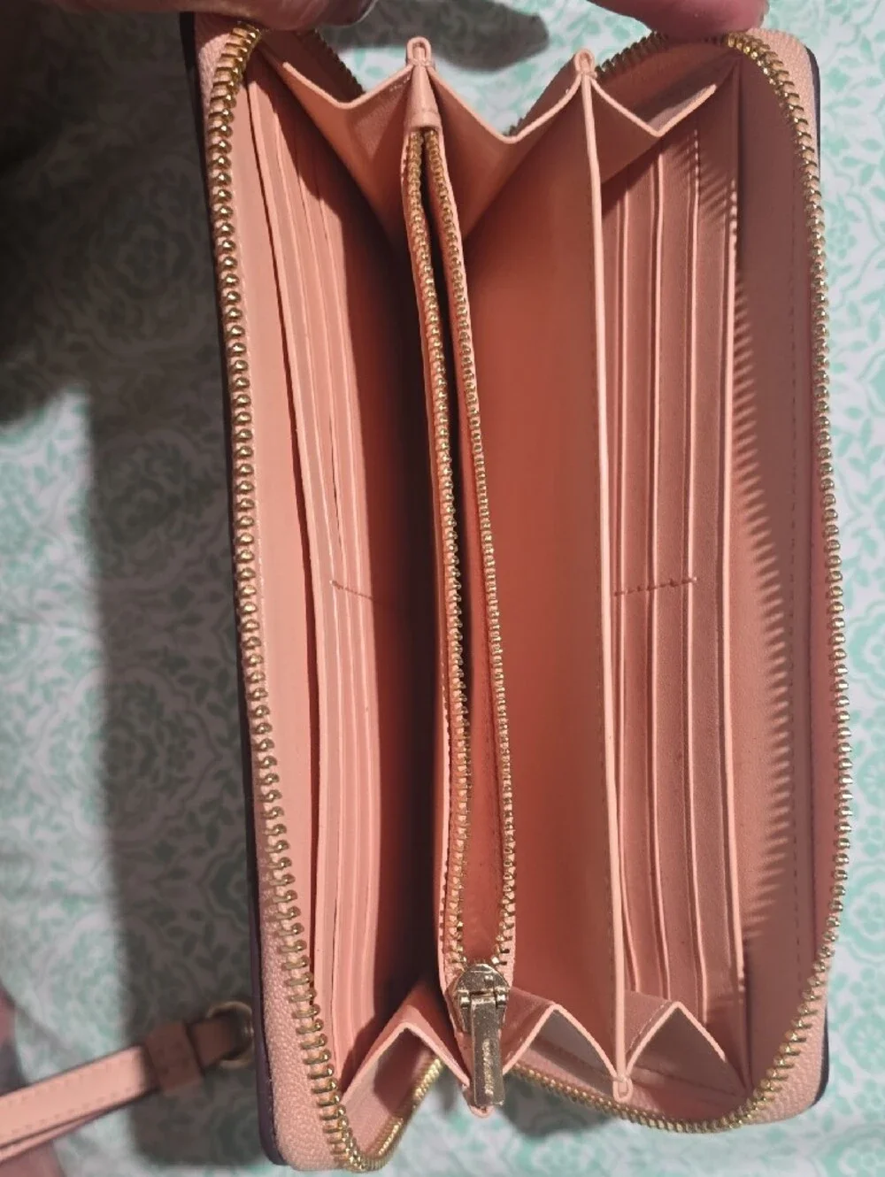 Coach Beige Signature Zip Wristlet with Pink Strap